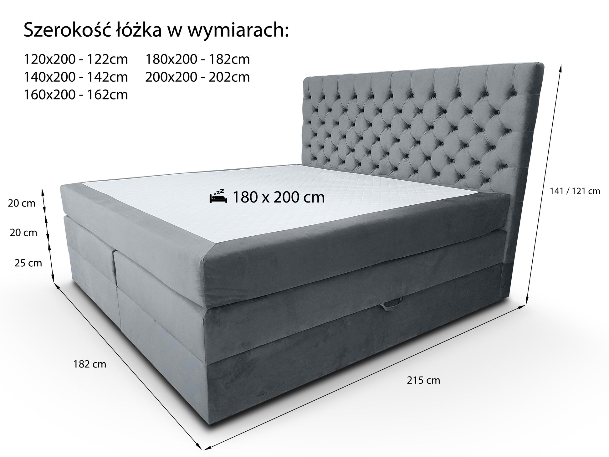 Łóżko kontynentalne Capri Duo – schemat wymiarów i specyfikacja
