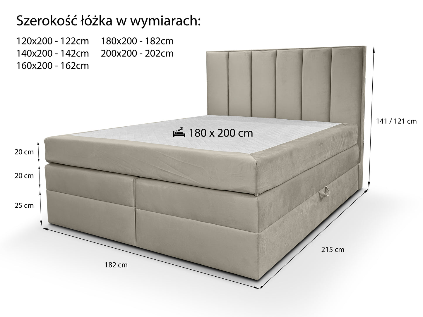 Łóżko kontynentalne Luna Duo – schemat wymiarów i specyfikacja