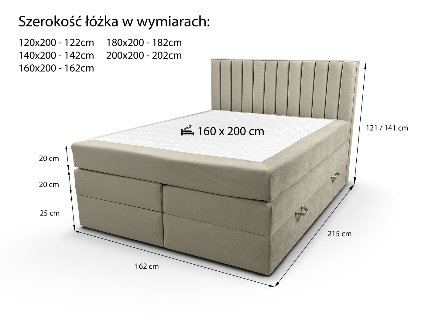 Łóżko kontynentalne Mona Duo z pojemnikiem na białym tle z wymiarami technicznymi – widok z przodu
