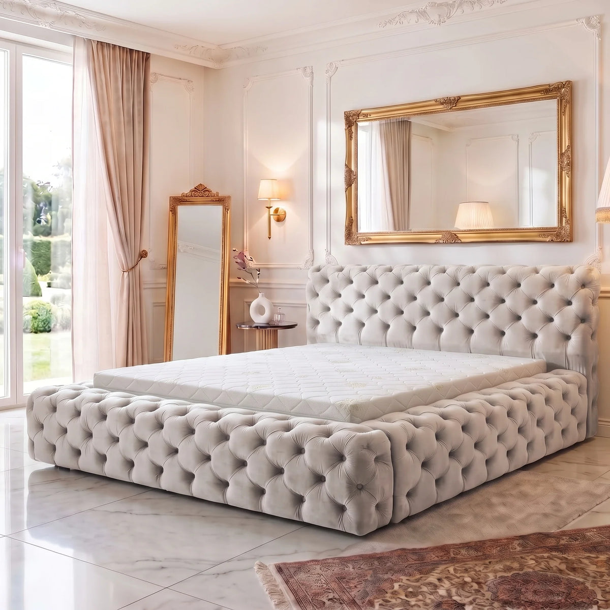 Łóżko pikowane Castello Lux w stylu Chesterfield, sypialnia glamour